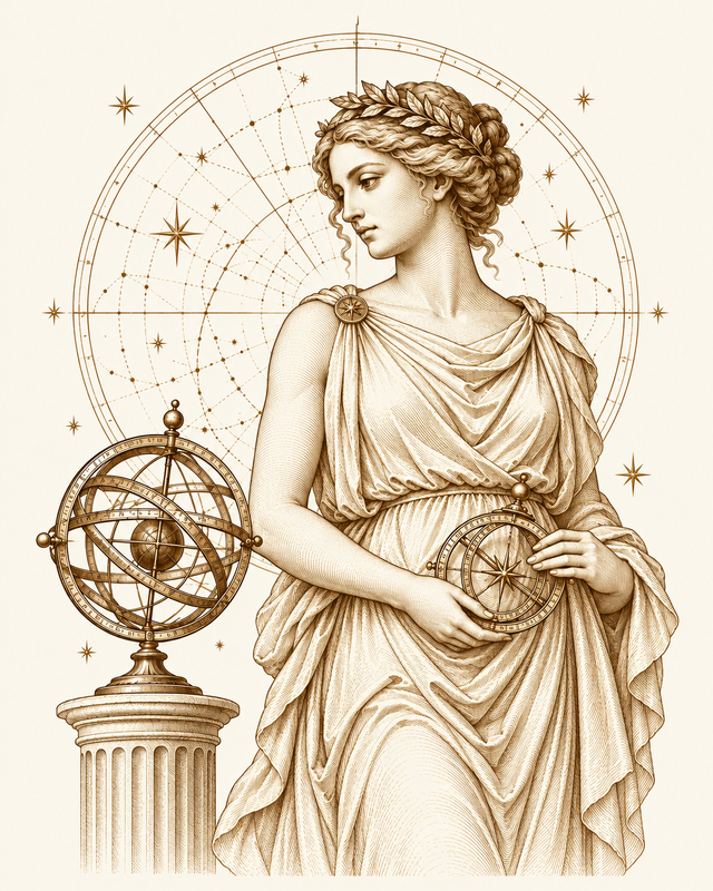 Grabado de Astrea junto a una esfera armilar